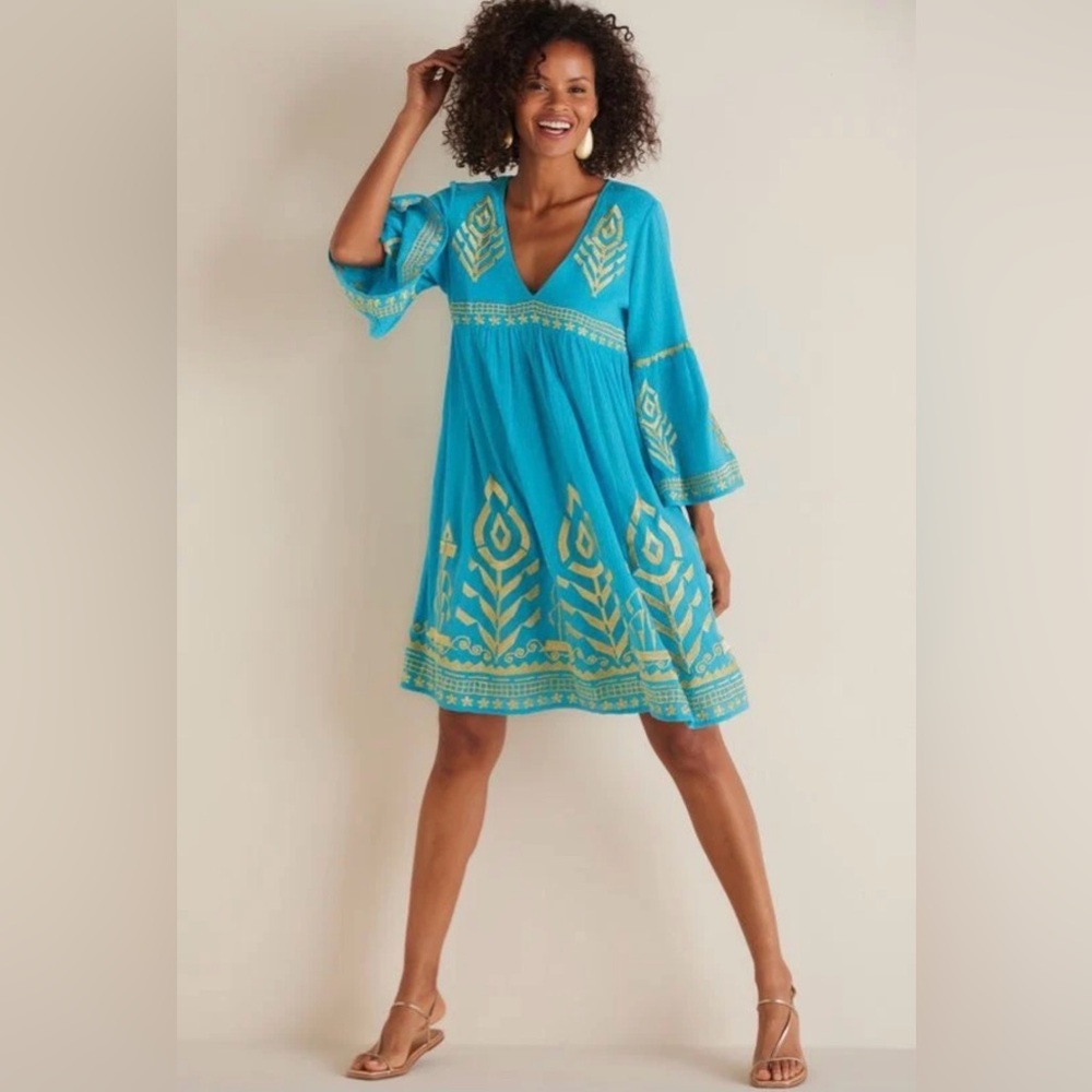 Soft Surroundings Zaneta Turquoise Gold Embroidery Babydoll Boho Lagenlook 3X - Picture 2 of 10